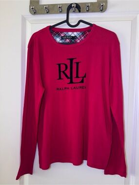 Ralph Lauren Red Solid Logo Long Sleeve Crew Neck T-Shirt Top with Plaid lining